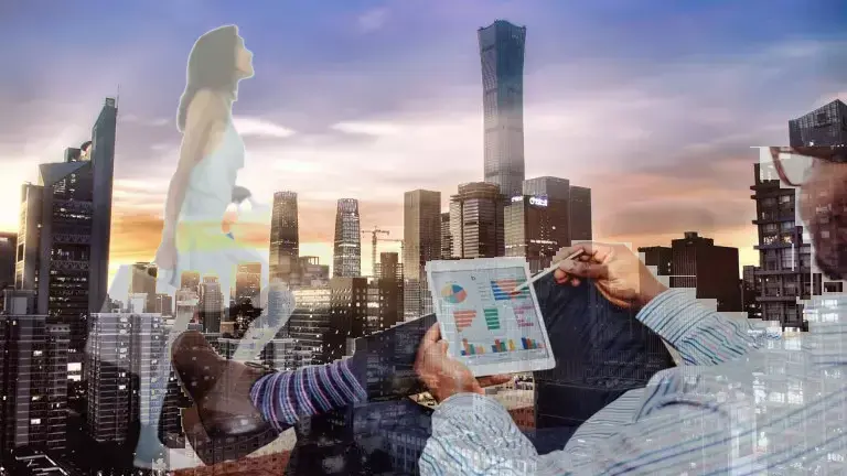 montage of female shopper being trampled by marketers boots against Beijing city scape